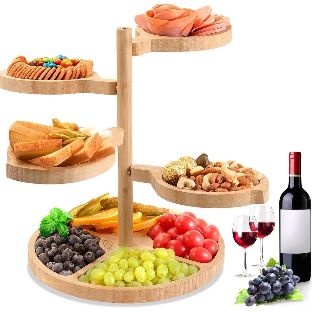 Tiered 5-in-1 Swivel Wood Cheese Board Charcuterie Platter Sturdy Serving Tray